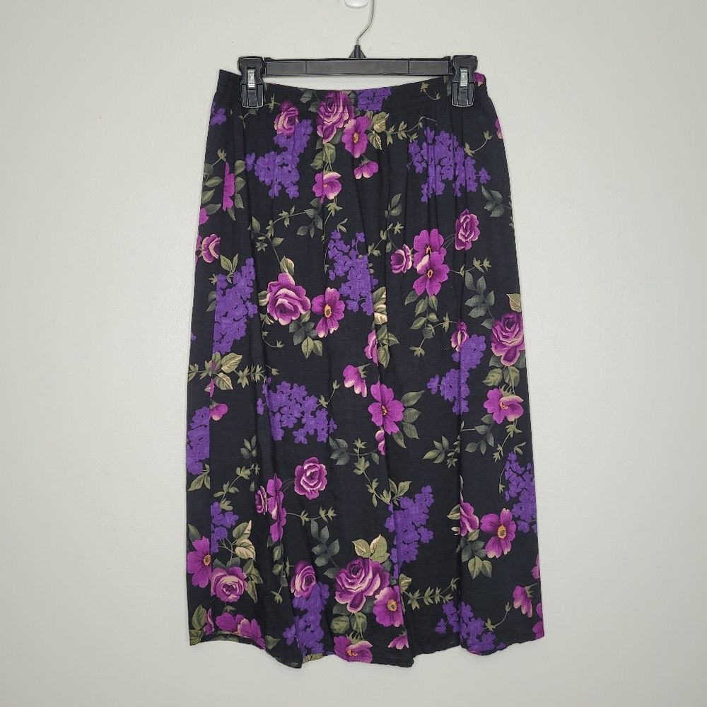 Vintage 90s black purple floral dark Romantic pull on midi skirt size small